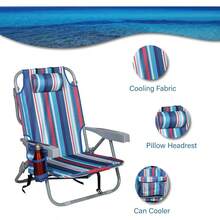 Backpack Beach Chair With Straps Low Beach Chair Backpack With Pillow High Back Striped Design Insulated Pocket - Red1 - View 3