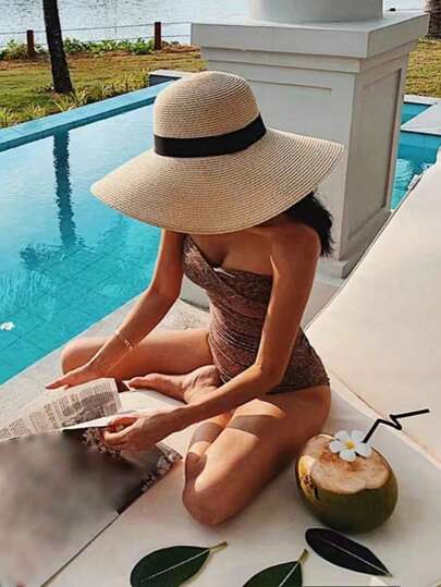 1 pieza Sombrero de sol de ala ancha vintage para mujer, sombrero de paja para vacaciones de verano