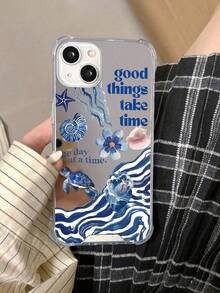 1pc Minimalist Acrylic Mirror Shell Phone Case With Sea Turtle, Sea Star, Jellyfish, Slogan And Wave Pattern, Compatible With IPhone 11/12/13/14/15/16 Pro Max And IPhone 16 Pro