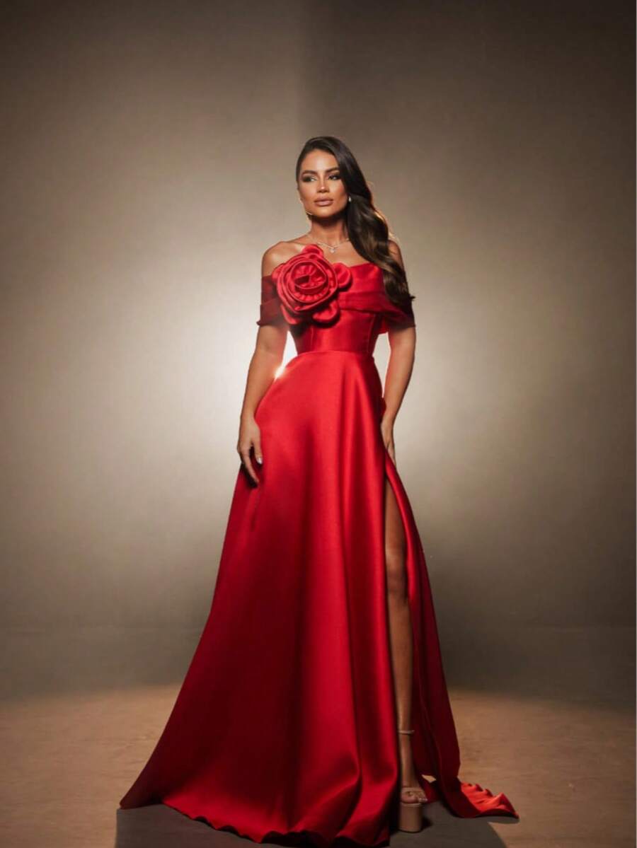 ZIBELINE LONG DRESS, OFF-THE-SHOULDER WITH FLOWER - Red - View 1