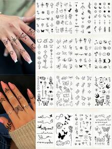 16 ورقة وشم يدوي مؤقت صغير وشم أصبع أسود صغير بنمط نجمة شمس قمر فراشة وردة قلب تعبيرات فن الجسم للبالغين وشم مائي مقاوم للماء مناسب للاستخدام اليومي للرجال والنساء، بطراز رسم - الأسود - مشاهدة 8