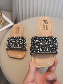 Summer New Fashion Rhinestone Beaded Girls' Soft Bottom Square Toe Slippers - Black - View 3
