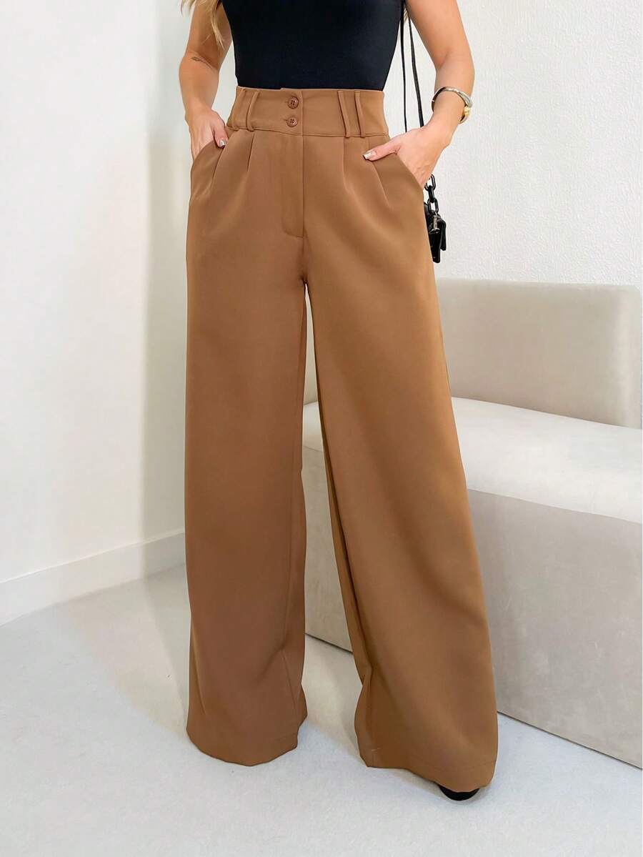 YING ZI Stone Mode Formal Tailored Wide Leg Trousers - 鏽棕色 - 查看 1