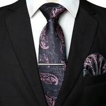 1/2/3/4/5 件男士花瓣印花领带套装、丝缎领带、银色领带夹、口袋巾、袖扣和胸花组合套装，父亲节、周年纪念日、生日的理想礼物，经典花卉图案与燕尾服完美搭配，适合商务、庆典、婚礼、正式活动、休闲派对和重要场合 - 黑色 - 查看 13