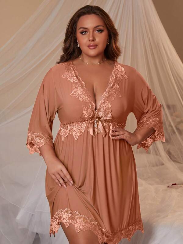 Plus Size Sexy Sleeveless Lace Trim V-Neck Nightgown - Comfortable Sleepwear
