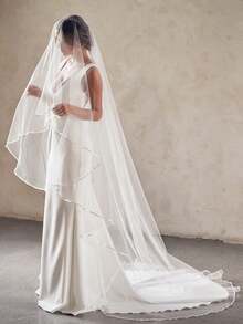 1 件双层缎边新娘面纱，适用于婚礼仪式面罩、摄影道具、教堂婚纱配饰，带发梳，超长拖尾 - 寬3米 - 查看 2