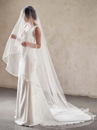 1 件双层缎边新娘头纱，适用于婚礼仪式面罩、摄影道具、教堂婚纱配饰，带发梳，超长拖尾