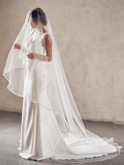 1 件双层缎边新娘头纱，适用于婚礼仪式面罩、摄影道具、教堂婚纱配饰，带发梳，超长拖尾