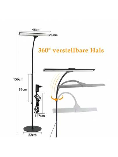 Vloer Lamp LED Living Room Dimmable Zwart Reading Verlichting 156CM Moderne 10W Touch Office Light, Timer Memory Function Bedroom Adjustable Gooseneck view 5