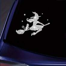 Glitter Witch Cat Broom Halloween Sticker - Glitter Vinyl Car Decoration, Easy To Apply & Disposable! - one-size - View 6