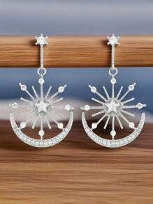 1pc Minimalist Bohemian Summer Fashion Sun Goddess, Star & Moon Rhinestone Decor Long Drop Earrings, Lady Earrings Suitable For Daily Wear
