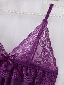 2pcs Women Sexy Solid Color Lace Sleepwear Set, V Neck Backless Asymmetric Hem Camisole & G-String, Comfortable Robe - Mauve Purple - View 3