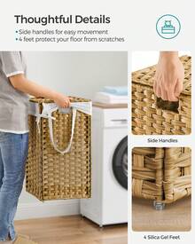 Laundry Hamper With Lid 17.2 Gallon Rattan Clothes Laundry Basket With Lid And Handles Foldable Removable Liner For Laundry Room,Goose Yellow - Vàng nhạt - Xem 4