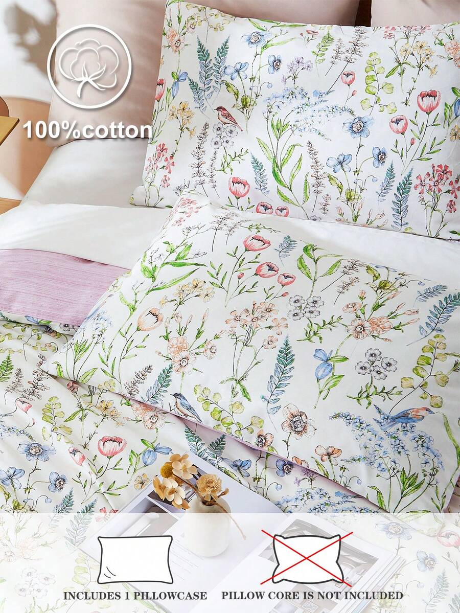 1pc Floral & Leaf Print Fresh Cotton Pillowcase, Suitable For Spring, Summer, And All Seasons - Multicolor - View 1