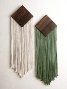 1件87厘米/34.25英寸手工菱形木质流苏挂毯，绿色波西米亚风格编织墙饰，适用于公寓、宿舍、客厅、卧室 - 彩色 - 查看 5