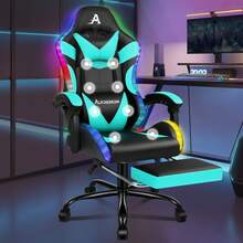ALFORDSON Gaming Massage Chair, Massage Racing Chair With LED, Ergonomic Desk Chair With 150° Tilt, Retractable Footrest, PU Leather, Height Adjustable, 180 Kg Load Capacity - 薄荷藍 - 查看 1