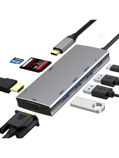 USB C Hub, USB C Docking Station - 8 In 1 USB C Hub Multiport Adapter Pro Air Accessories With 100W PD, 4K HDTV, 3*USB 3.0 Ports, SD/TF Card Reader, 2K VGA, For , XPS And Most Type C Devices