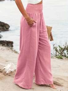 Women's Solid Color Drawstring Waist Pockets Casual Pants - Pink - View 3