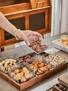 1set Japanese Style Walnut Wood Tray, Creative Glass Fruit Bowl, Square Lid Snack Plate, Multi-Compartment Nuts Dish, For Living Room, Wedding Party, Birthday, Picnic