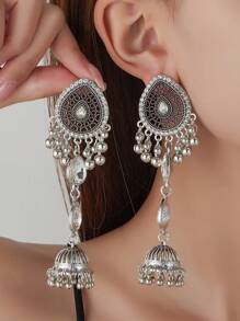 2pcs Bohemian Retro Rhinestone Tassel Earrings, Fashionable Metal Bell Pendant Earrings For Women