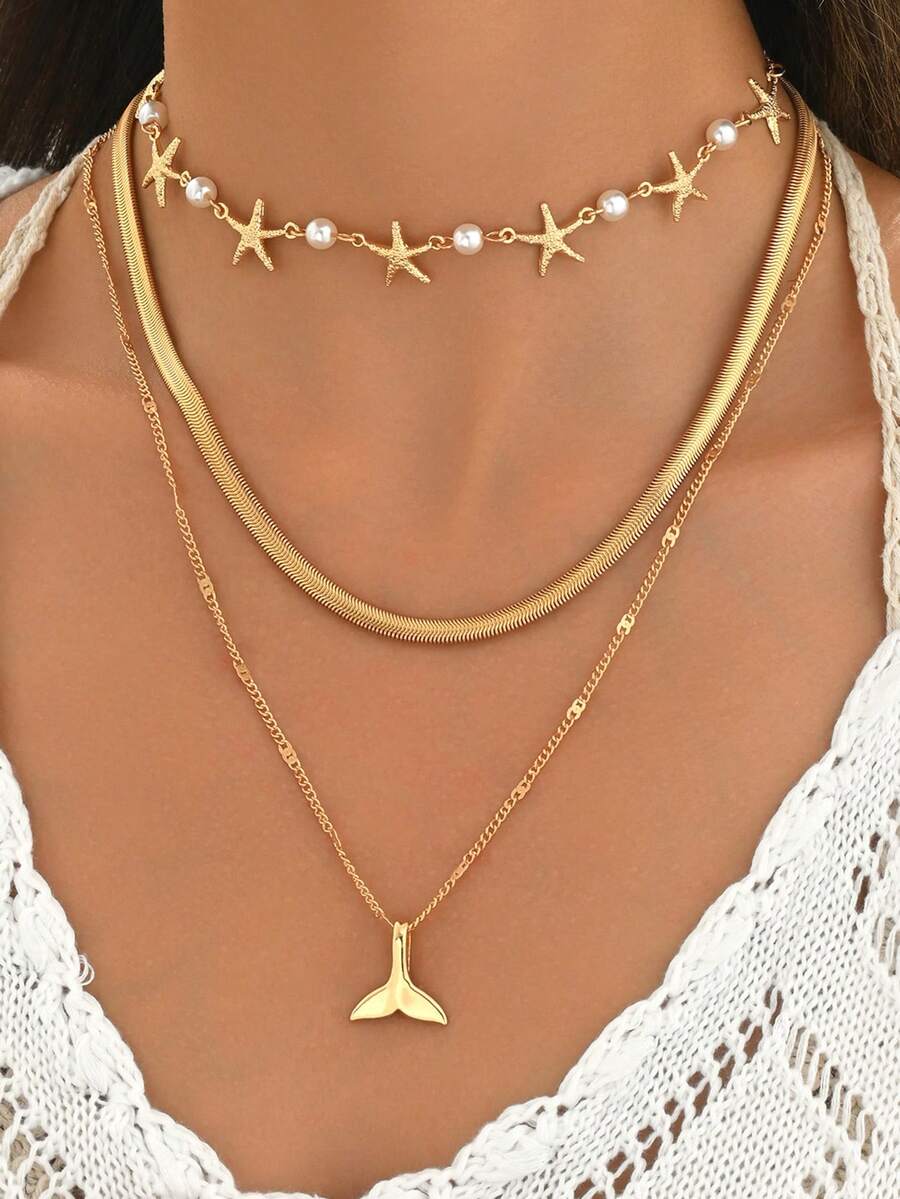 3pcs/Set Stylish Ocean Theme Faux Pearl Starfish & Golden Metal Fish Tail Pendant Necklace, Fashion Beach Holiday Vacation Jewelry, Versatile Alloy Choker For Daily Wear, Date, Beach Trip - Starfish - View 1