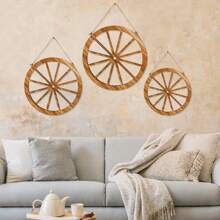 3 Pcs Wooden Wagon Wheel Decor, 3 Inch Vintage Western Style Wall Art, Farmhouse Wagon Wheel Rustic Yard Hanging Decor For Garden, Home, Bar, Garage