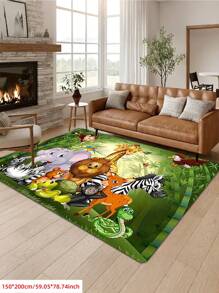 Colorful Fun Area Rug With A Playful Design Of Jungle Animals, Including A Lion, Zebra, Giraffe, Monkey, And Elephant, Comfortable For Bedroom, Living Room, Study, Entryway, Room Decor As Floor Mat, Modern Polyester Absorbent Floor Mat, Washable & Non-Slip, Carpet For Living Room - Indoor All-Season Home Decor, Rugs For Bed Room, Living Room Large Rugs, Bright Green Background Tones, Bedroom Rug, Living Room Dector | Bedroom Dector