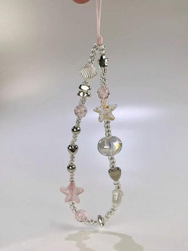1pc Pink Sea Legend Shell & Star Beaded Phone Chain, Handmade Soft Pink Transparent Phone Lanyard, Girl Gift, Random Pink/White Gifts For Mother, Family, Friends, Birthday, Holiday Phone Charm
