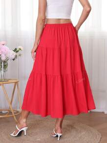 Women's Solid Color Layered A-Line Skirt, Soft Casual Elastic Waist Skirt