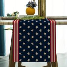 1 pièce de chemin de table rectangulaire au look de lin patriotique américain, en matériau 100% tissé, convenant pour le Jour de l'Indépendance, le Memorial Day - design rayé bleu et blanc, convient pour la salle à manger, le salon, le bureau - décoration de fête centrale, plusieurs options de taille, décoration du Jour de l'Indépendance