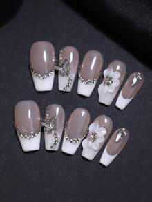 10 móng giả dáng dài vừa, chạm khắc hoa 3D thủ công 100%, màu trắng và màu mơ, kiểu Pháp, đính đá lấp lấp và hình bướm, móng giả tái sử dụng, sản phẩm làm móng nghệ thuật dành cho phụ nữ và bé gái. - Màu be - Xem 5