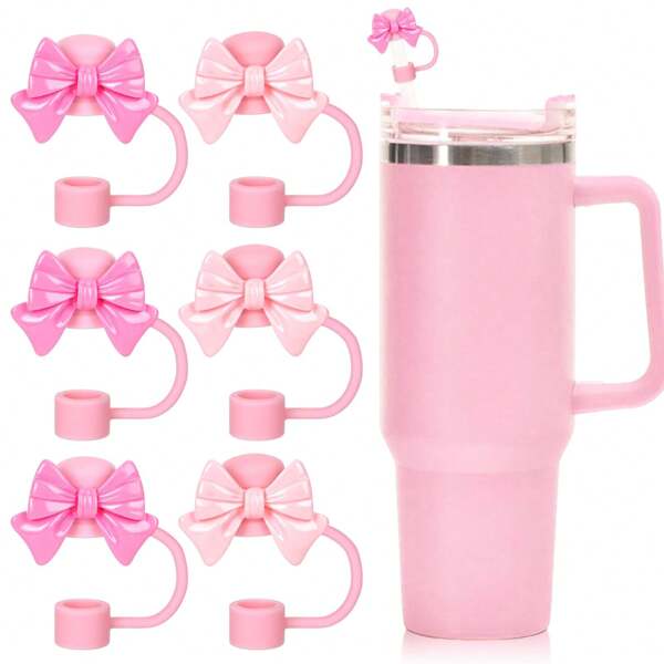 Bow Straw Covers Lovely Pink Bowknot Portable Drinking Straw Tips Cover Reusable Cute Straw Protector Topper For 0.4in Straws, Cup Accessories