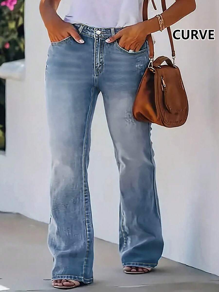 All-Season Simple And Stylish Plus-Size Women's Stretch Slim-Fit Flared Pocket Jeans - Rửa trung bình - Xem 1