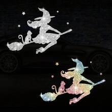 Glitter Witch Cat Broom Halloween Sticker - Glitter Vinyl Car Decoration, Easy To Apply & Disposable! - one-size - View 1