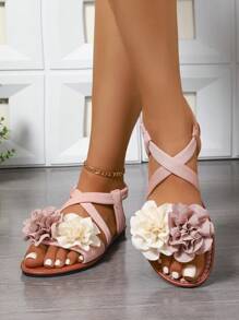 1 par de sandalias planas con tira de tobillo, decoración de flores, de verano, ligeras y casuales para adolescentes