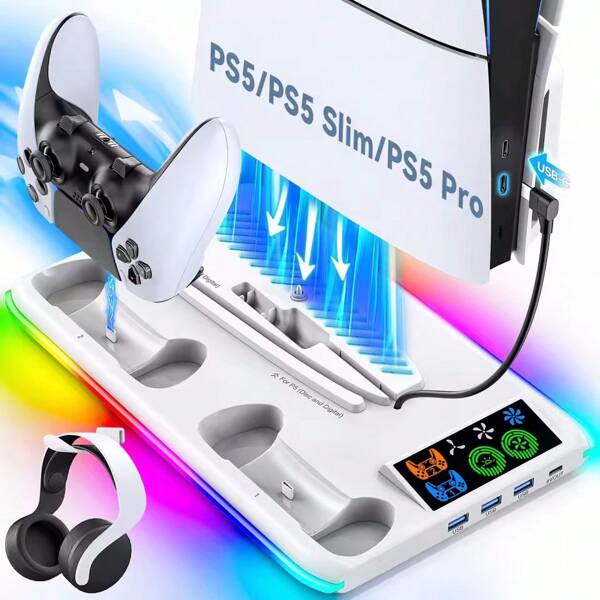 Support de jeu pour console PS 5, support de base avec ventilateur de refroidissement pour Playstation PS 5 Slim Pro. Accessoires de jeu RVB comprenant une manette, un casque et un chargeur