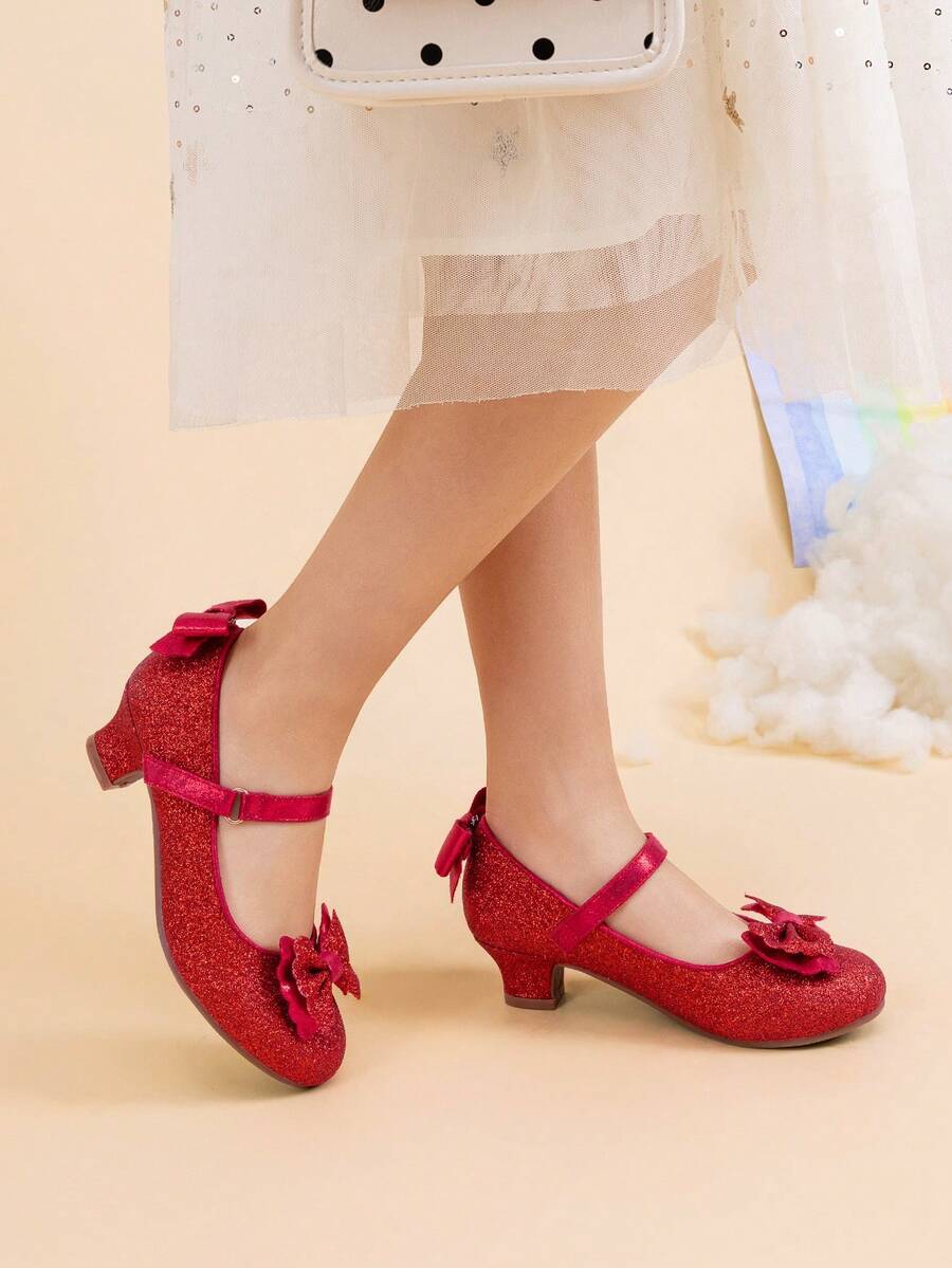 Girls Dress Shoes Toddler Little Girls Heels Mary Jane Princess Shoes With Interchangeable Bow For Flower Girl Wedding Party - 紅色 - 查看 1