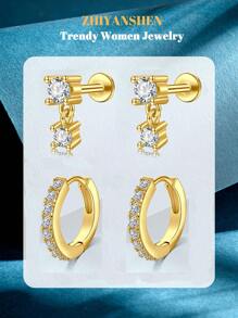 4 piezas Pendientes de cartílago para mujer de plata y oro, pendientes planos para tragus, helix, joyería para perforaciones, hipoalergénicos, pendientes apilables, pendientes de botón de oro para mujeres, pendientes para mujeres, pendientes de espalda plana, pendientes para el segundo orificio para mujeres