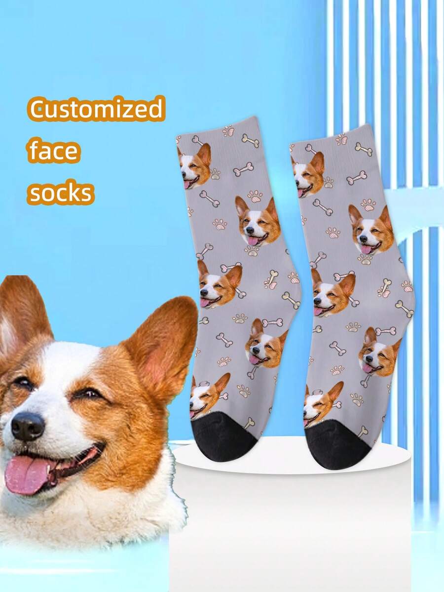 1 Pair Custom Face Print Crew Socks, Cute Doggy Design Personalized Socks For Girls & Boys, Fun Customized Graphic Doggy Crew Length Socks, Suitable For Everyday, Holidays, Birthdays, Gifts And Other Occasions - Multicolor - View 1
