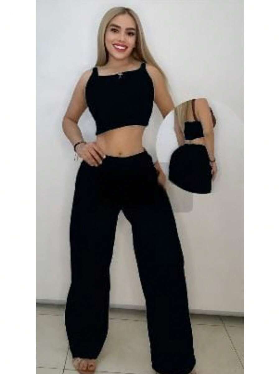 Conunto Lino de dos piezas LisoEleganteNudoBolsillo - Negro - Ver 1