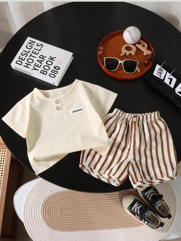 2 peças/Conjunto Top de Manga Curta e Shorts Vintage para Meninos Pequenos, Conjunto Casual e da Moda para o Verão