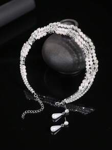 3 pièces Set de collier ras-du-cou et boucles d'oreilles à 3 rangs en zircone et perle, accessoire de robe de mariée, collier à gland