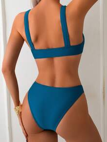 Women 2 Piece Bikini Set Solid Color Twist Front V Neck Bikini Tops Triangle Shorts Bathing Suits For Beach Pool - Blue - View 6