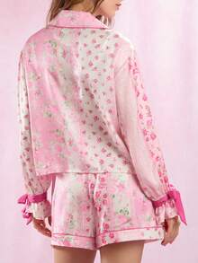 Y2k Floral Print Silk Bow Tie Pajamas For Women Set Summer 2 Piece Outfits Cute Long Sleeve Shirt Lounge Shorts Pajama Sets - 彩色 - 查看 7