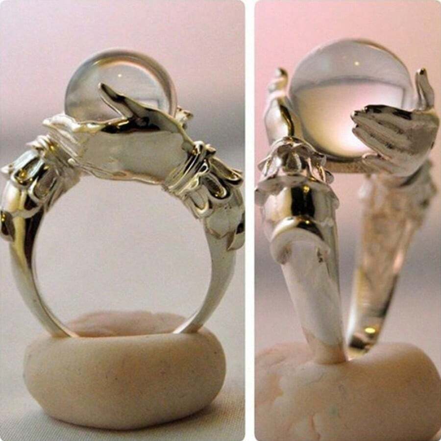 A New Retro Inlaid Imitation Crystal Ball Wrapped Bead Creative Ring, Exquisite And Fashionable Women's Decorative Ring, Suitable For Daily Wear - CR6380 White Beads - View 1