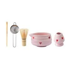 5pcs Matcha Whisk Set, Cute Pink Heart/Cherry Blossoms Ceramic Matcha Bowl With Whisk Set, Japanese Tea Set Includes Matcha Bowl With Spout, Matcha Whisk Holder, Bamboo Matcha Whisk, Scoop, Sifter, Ceramic Matcha Kit For Tea Lovers