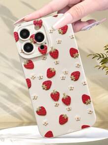 Capa protetora de celular reforçada e anti-queda, com estampa bege de uma menina fofa e morango, adequada para dispositivos 16/13 Pro Max, XR, 15, 7/8, 15 Pro Max, 12 Pro Max, 13 Pro Max, 14 Pro Max, 13, 14, 11, 12, P14, P11, P12, XS, XR, 7/8 Plus, Redmi
