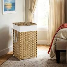 Laundry Hamper With Lid 17.2 Gallon Rattan Clothes Laundry Basket With Lid And Handles Foldable Removable Liner For Laundry Room,Goose Yellow - Vàng nhạt - Xem 2