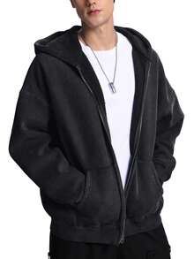 Faiable Mens Womens Double Zip Up Hoodie Oversized Acid Wash Hoodies Heavyweight Fleece Cotton Zipper Hoodie Vintage - màu đen - Xem 5