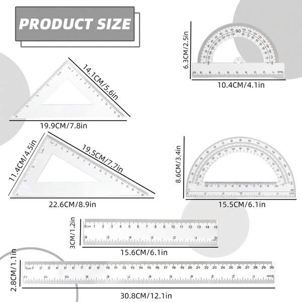 Juego de reglas de 30 cm - Estuche con 6 reglas, borde recto y transportador, disponible en 5 colores - Herramientas de medición perfectas para la escuela y la oficina, útiles escolares, vuelta al colegio